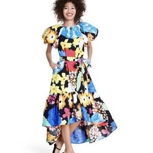 Floral Puff-Sleeve High-Low Dress in Multicolor